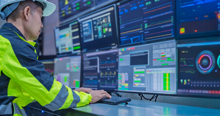 Engineer working at control room, Manager control system, Technician man monitoring program from a lot of monitor.Specialist observes analytics dashboard,operator inspects digital interface