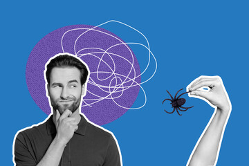 Composite poster image artwork collage of puzzled man hand hold spider phobia fear arachnophobia...