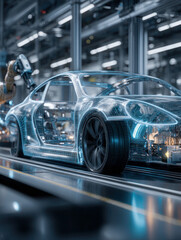 Metal car frames on automated assembly line in modern automotive factory