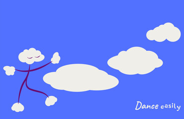 Blue horizontal banner featuring man walking in the clouds with copy space. Silhouette of dancing man in white clouds against clear sky. Blank vector mockup in flat style. Cheerful image with smooth