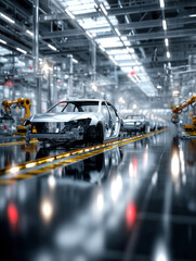 Metal car frames on automated assembly line in modern automotive factory
