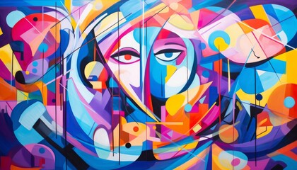 Vibrant abstract art featuring a colorful face with geometric shapes and dynamic patterns intertwined in a captivating composition