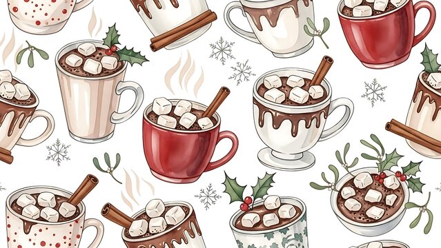 Seamless vector pattern illustration of cozy mugs of hot chocolate with marshmallows, cinnamon sticks, and holly leaves on a white background.