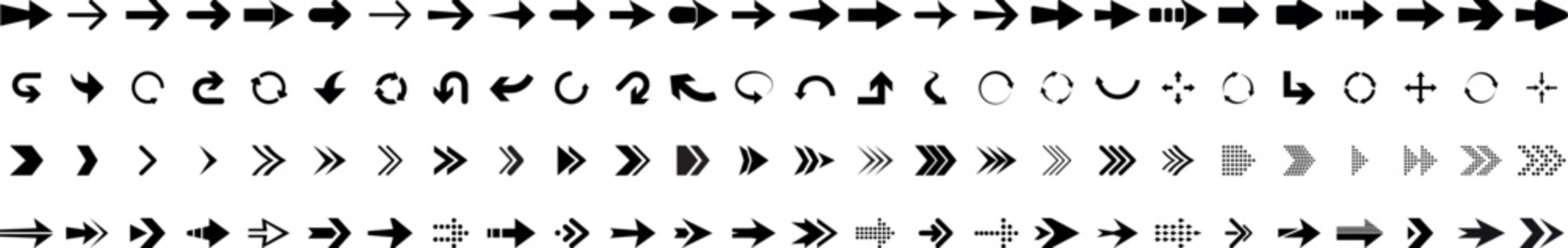 Black arrow icon big set. triangular arrow pointers isolated on Collection different arrows sign. Set different cursor arrow direction symbols in flat style. 