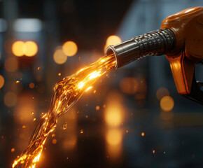 Close up of orange fuel nozzle ejecting gasoline with glowing light effect