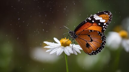 Beautiful Monarch Butterfly Sitting on a White Daisy in a Gentle Rain, Displaying Vibrant Orange and Black Wings Against a Blurry Green Background