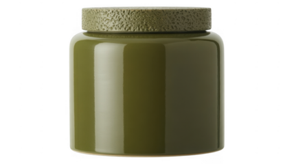 Green jar with textured lid and glossy finish isolated on a transparent background