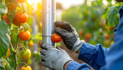 A person wearing gloves inspecting tomatoes on a vine next to a solar panel in a sunny agrivoltaics farm. Perfect for sustainable energy, agriculture, and eco-friendly presentations.