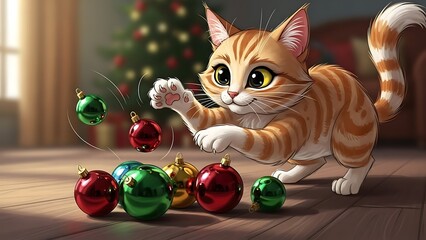 Cute 3D digital illustration of a ginger tabby cat playfully batting at colorful Christmas ornaments on a wooden floor near a decorated tree.