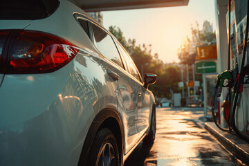 Black fuel pump refueling modern vehicle on city street with rainy reflections