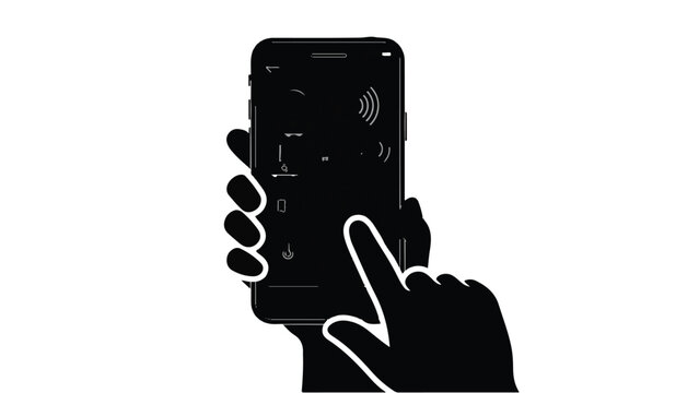 Hand holding smartphone with index finger touching screen modern mobile phone interaction gesture silhouette illustration