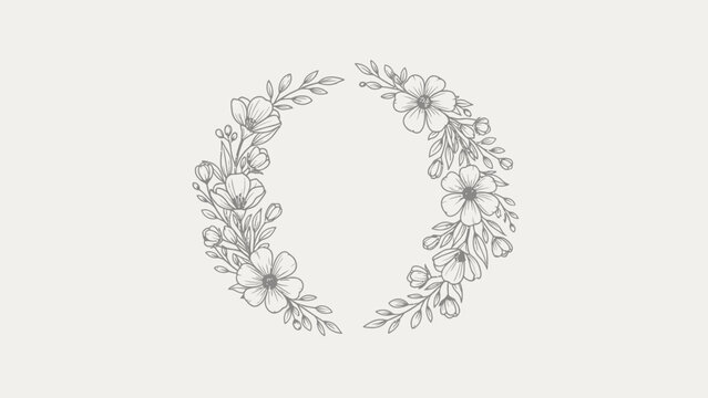 Elegant delicate floral wreath illustration with detailed line work and soft aesthetic for design