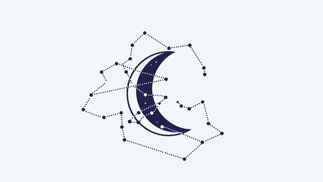 Abstract celestial moon and star constellation map with intricate connecting dots and lines in a