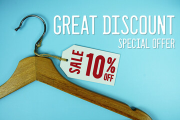 Great Discount Sale 10% off price tag label with Clothes hanger Clothing Promotion shopping concept