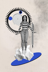 Trendy banner 3d poster image photo collage of happy businesswoman jump gearwheel pen melt clock...