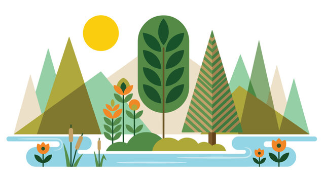 Geometric Stylized Landscape Illustration, Mid Century Modern Nature Scene, geometric landscape illustration, stylized nature art, mid-century modern landscape, flat design scenery, simplified nature,