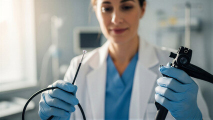 Medical professional holding endoscopic equipment in hospital setting