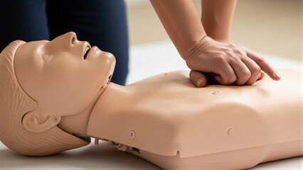 Hand performing CPR on mannequin in training scenario