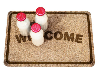 Milk bottles standing on doormat on transparent background. 3D illustration