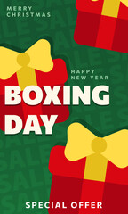 Vertical flat vector Boxing Day sale banner. Christmas card with red gift boxes with yellow bows on green background. Bold typography, special offer promotion for New Year and winter holiday marketing