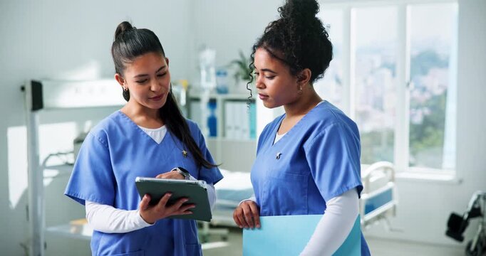 Tablet, reading or nurses with discussion in hospital, review medical record or consulting for healthcare. Patient info, care coordination or women with talk for nursing instructions, tech or results