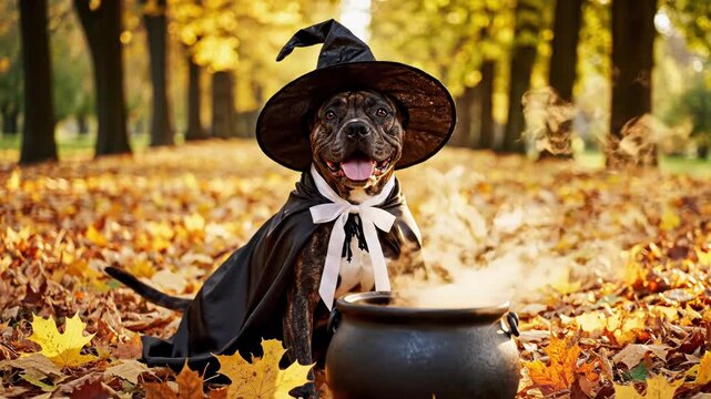 A brown dog wearing a witch hat and cape sitting next to a cauldron in autumn leaves