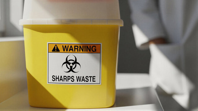 Sharps waste container in medical style in yellow color for biohazard disposal