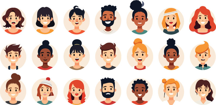 set of women faces and avatars cartoon vector illustration