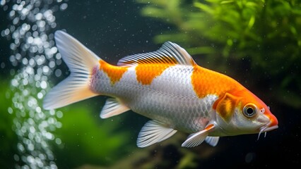 Orange and White Koi Fish Swimming Underwater.