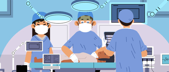 Doctors wearing surgical masks, gloves, and scrubs are adjusting equipment and ensuring readiness for the procedure. Preparing patient for surgery. Close-Up Scene