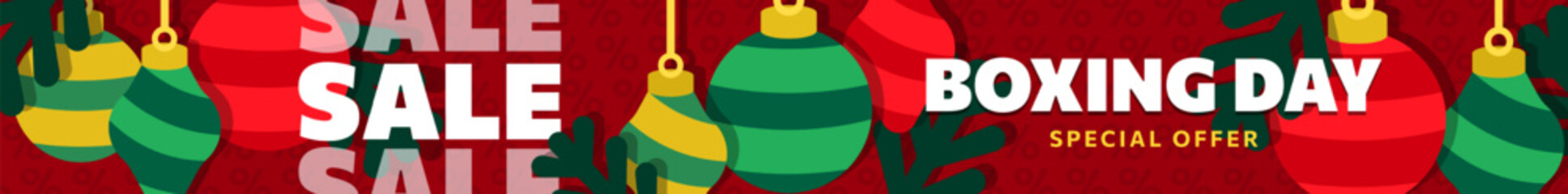 Boxing Day sale header with hanging Christmas baubles ornaments and bold typography on red background. Layered paper cut panoramic banner. Christmas holiday promotion design for seasonal discount © Qeeraw