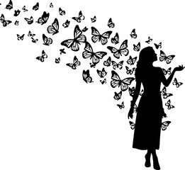 Freedom Silhouette Woman with Flying Birds &ndash; Artistic Concept Vector