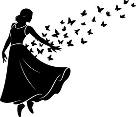 Freedom Silhouette Woman with Flying Birds &ndash; Artistic Concept Vector