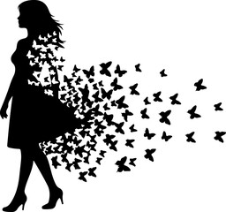 Freedom Silhouette Woman with Flying Birds &ndash; Artistic Concept Vector