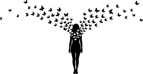 Freedom Silhouette Woman with Flying Birds &ndash; Artistic Concept Vector