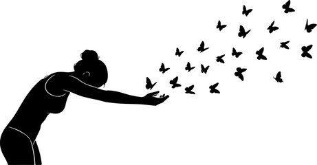 Freedom Silhouette Woman with Flying Birds &ndash; Artistic Concept Vector