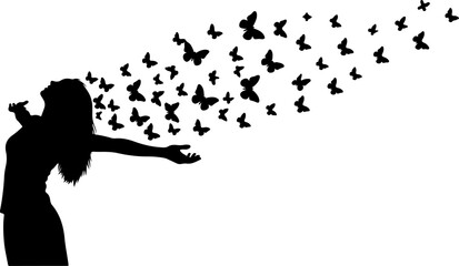 Freedom Silhouette Woman with Flying Birds &ndash; Artistic Concept Vector