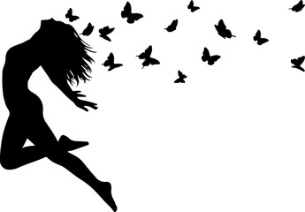 Freedom Silhouette Woman with Flying Birds &ndash; Artistic Concept Vector