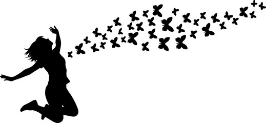 Freedom Silhouette Woman with Flying Birds &ndash; Artistic Concept Vector