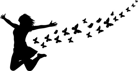 Freedom Silhouette Woman with Flying Birds &ndash; Artistic Concept Vector