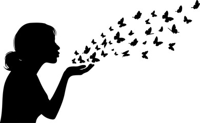 Freedom Silhouette Woman with Flying Birds &ndash; Artistic Concept Vector