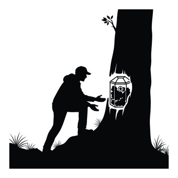 Leave-no-trace geocaching silhouette with cache blending into nature promoting sustainable outdoor adventure vector