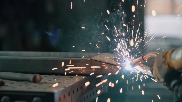 Welding of steels with Mig welding. Close up of hands. Slow motion.