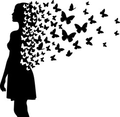 Freedom Silhouette Woman with Flying Birds &ndash; Artistic Concept Vector