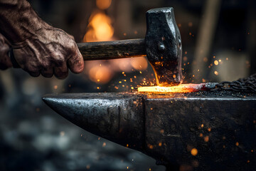 Blacksmith forging glowing metal with sparks flying on a rugged anvil, craftsmanship concept