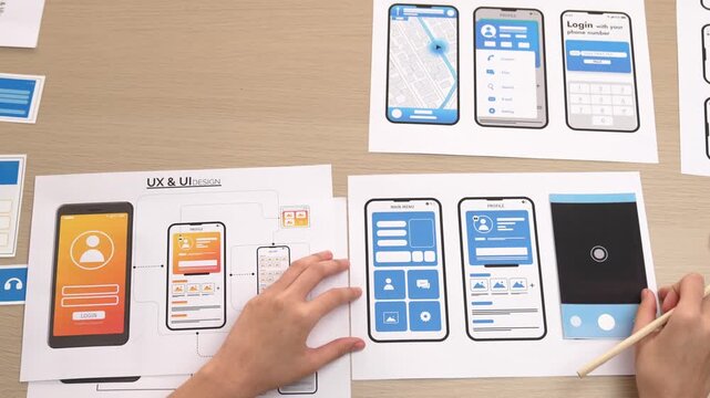 Top view video of startup company UI or UX developer joining hand over user interface prototype for mobile application web on table as productive teamwork and trustworthy business partner. Synergic