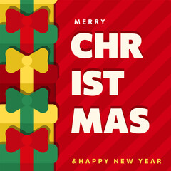 Square flat Xmas and New year banner with gift boxes border, bows and bold CHRISTMAS text on red background. Layered paper cut style holiday banner, poster, placard design for web promo, social media