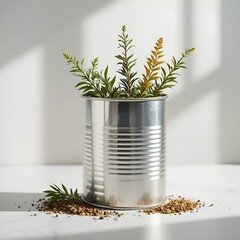 Salt pepper grinder with fresh herbs beside on table.
