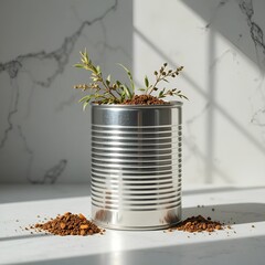 Salt pepper grinder with fresh herbs beside on table.
