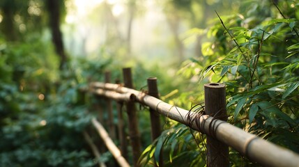 Bamboo Fence in Lush Green Forest with Sunlight and Foliage.